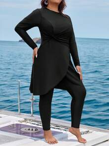 SHEIN Swim Plus Size Women 2 Pieces Set, Modest Soft Form Solid Long Sleeve Top Pants, Burkini Swimsuit, Summer Beach Vacation Clothing Burkinis - Black - View 9