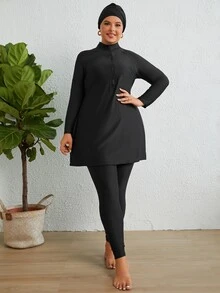 SHEIN Swim Plus Size Zip Front Full Body Burkini With Swim Cap Summer Arabic Clothing - Black - View 3