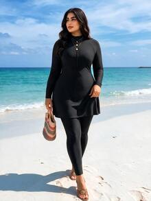 SHEIN Swim Plus Size Zip Front Full Body Burkini With Swim Cap Summer Arabic Clothing - Black - View 2