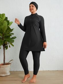 SHEIN Swim Plus Size Zip Front Full Body Burkini With Swim Cap Summer Arabic Clothing - Black - View 6