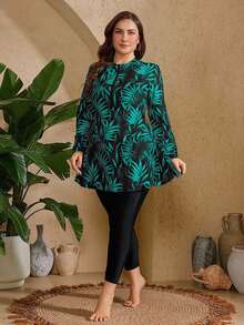 SHEIN Swim 2pcs Plus Size Women Floral & Colorful Leaf Random Print Long Sleeve & Long Pants Modest 2-Piece Tankini Swimsuit Set For Summer Beach Vacation - Green - View 5