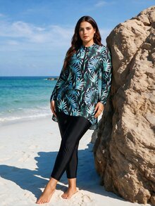 SHEIN Swim 2pcs Plus Size Women Floral & Colorful Leaf Random Print Long Sleeve & Long Pants Modest 2-Piece Tankini Swimsuit Set For Summer Beach Vacation - Green - View 1