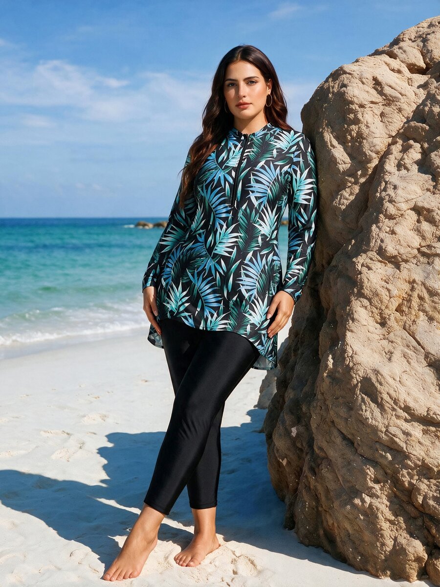 SHEIN Swim 2pcs Plus Size Women Floral & Colorful Leaf Random Print Long Sleeve & Long Pants Modest 2-Piece Tankini Swimsuit Set For Summer Beach Vacation - Green - View 1