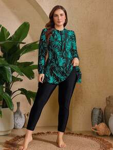 SHEIN Swim 2pcs Plus Size Women Floral & Colorful Leaf Random Print Long Sleeve & Long Pants Modest 2-Piece Tankini Swimsuit Set For Summer Beach Vacation - Green - View 6