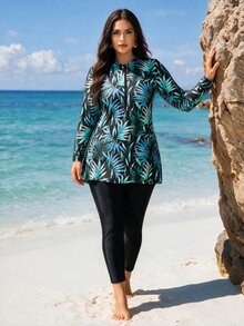 SHEIN Swim 2pcs Plus Size Women Floral & Colorful Leaf Random Print Long Sleeve & Long Pants Modest 2-Piece Tankini Swimsuit Set For Summer Beach Vacation - Green - View 2