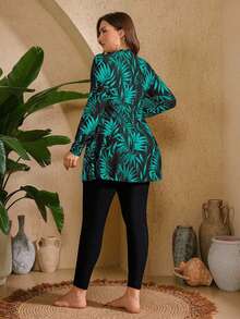 SHEIN Swim 2pcs Plus Size Women Floral & Colorful Leaf Random Print Long Sleeve & Long Pants Modest 2-Piece Tankini Swimsuit Set For Summer Beach Vacation - Green - View 4