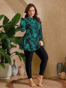 SHEIN Swim 2pcs Plus Size Women Floral & Colorful Leaf Random Print Long Sleeve & Long Pants Modest 2-Piece Tankini Swimsuit Set For Summer Beach Vacation - Green - View 7