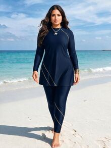 SHEIN Swim 大码女式简约日常上衣式布基尼，夏季海滩阿拉伯服装 - 藏蓝色 - 查看 2