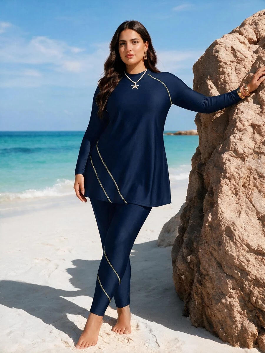 SHEIN Swim 大码女式简约日常上衣式布基尼,夏季海滩阿拉伯服装 - 藏蓝色 - 查看 1