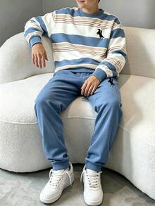 2件組青少年男孩時尚酷感英文標語圖案設計圓領衛衣與運動長褲套裝，適合假期派對、春秋冬季街頭穿搭、開學休閒穿著、戶外野餐、街拍、校園、假期、禮物使用 - 彩色 - 查看 1