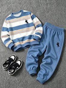2件組青少年男孩時尚酷感英文標語圖案設計圓領衛衣與運動長褲套裝，適合假期派對、春秋冬季街頭穿搭、開學休閒穿著、戶外野餐、街拍、校園、假期、禮物使用 - 彩色 - 查看 3