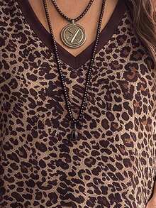 Glimmora Women's Leopard Print V-Neck Short Sleeve Casual Sexy T-Shirt Night Out Club Brown Summer - Multicolor - View 4