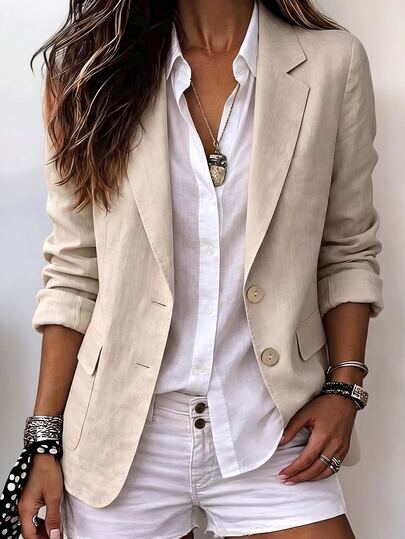 Holdful Holdful Women's Faux Linen Blazer Jacket, Notched Lapel, Dual Brown Buttons, Rollable Sleeve, Lightweight Loose Fit, Casual Outerwear For Office & Event