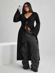 SHEIN ICON ICON Plus Size Women's V-Neck Tie-Front Bell Sleeve Knit Top Fall - Black - View 4
