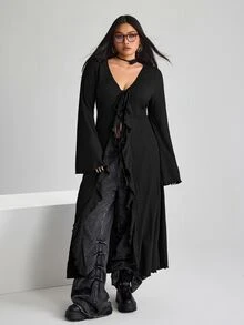 SHEIN ICON ICON Plus Size Women's V-Neck Tie-Front Bell Sleeve Knit Top Fall - Black - View 3