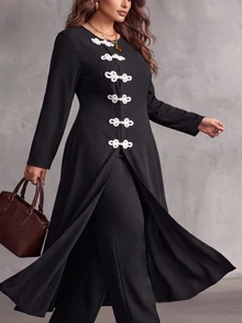 Elenzga Setelan 2 Potong Gaya Cina Baru Ukuran Plus dengan Kancing Katak, Jubah Luar Lengan Panjang Mengembang Elegan Musim Gugur dengan Celana Mengembang Belahan Tinggi, Pakaian Kasual Musim Dingin dan Gugur - Hitam - View 10