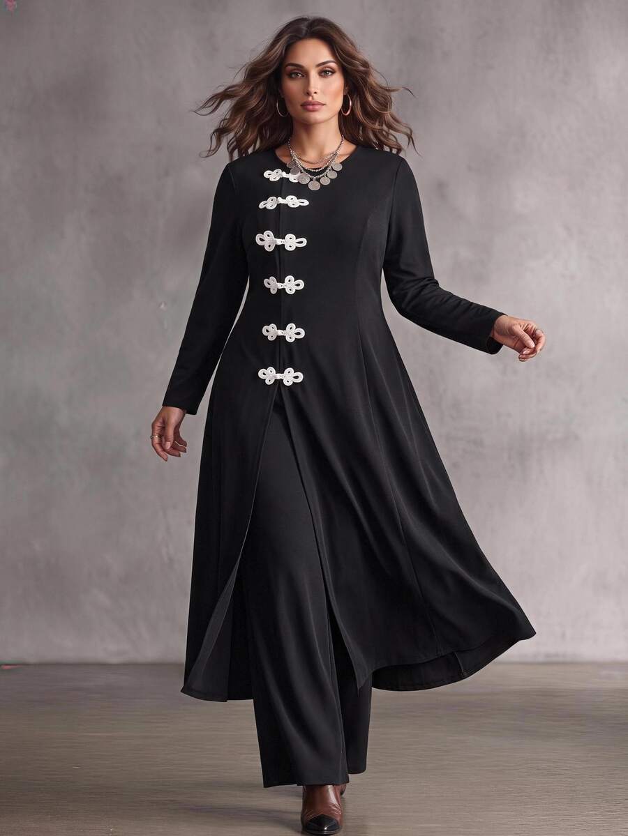 Elenzga Plus Size New Chinese Style Frog Button 2 Pieces Set, Fall Elegant Long Flare Sleeve Outer Robe High Slit Flare Pants, Winter Fall Casual Clothes - Black - View 1