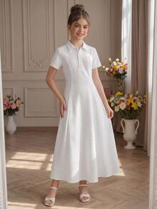 SHEIN Pitira Tween Girls Vintage Knit Long Dress, Casual, Comfortable, For Daily Casual Wear And Back To School, Fall Dress, Fall Dresses, Fall Outfits, Elegant - White - View 4