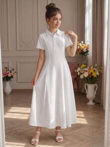 SHEIN Pitira Tween Girls Vintage Knit Long Dress, Casual, Comfortable, For Daily Casual Wear And Back To School, Fall Dress, Fall Dresses, Fall Outfits, Elegant - White - View 1