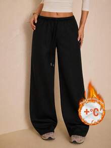 SHEIN PETITE 秋冬保暖內裡極簡前綁帶寬鬆運動長褲，休閒日常穿著，適合返校季 - 黑色 - 查看 4