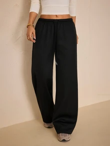 SHEIN PETITE 秋冬保暖內裡極簡前綁帶寬鬆運動長褲，休閒日常穿著，適合返校季 - 黑色 - 查看 6