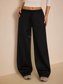 SHEIN PETITE 秋冬保暖內裡極簡前綁帶寬鬆運動長褲，休閒日常穿著，適合返校季 - 黑色 - 查看 8