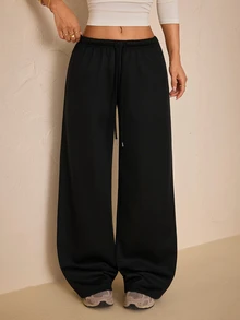 SHEIN PETITE 秋冬保暖內裡極簡前綁帶寬鬆運動長褲，休閒日常穿著，適合返校季 - 黑色 - 查看 7