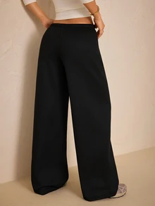 SHEIN PETITE 秋冬保暖內裡極簡前綁帶寬鬆運動長褲，休閒日常穿著，適合返校季 - 黑色 - 查看 2