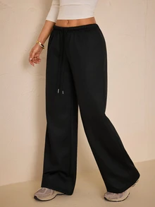 SHEIN PETITE 秋冬保暖內裡極簡前綁帶寬鬆運動長褲，休閒日常穿著，適合返校季 - 黑色 - 查看 3