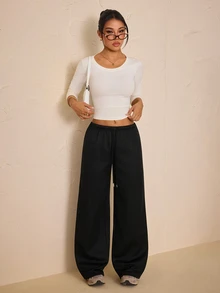 SHEIN PETITE 秋冬保暖內裡極簡前綁帶寬鬆運動長褲，休閒日常穿著，適合返校季 - 黑色 - 查看 5