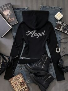 SHEIN 青少年女孩休閒日常修身緊身韓式運動衫，返校季 - 黑色 - 查看 4