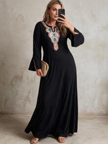 Ceyna Plus Size Women's French Casual Boho Elegant Printed Round Neck Long Sleeve Dress Fall Vacation Evening Brunch Black - Black - View 1