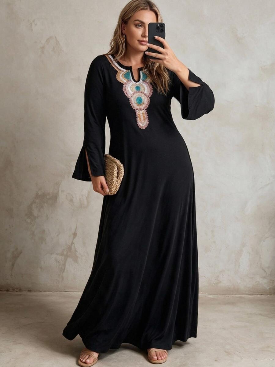 Ceyna Plus Size Women's French Casual Boho Elegant Printed Round Neck Long Sleeve Dress Fall Vacation Evening Brunch Black - Black - View 1