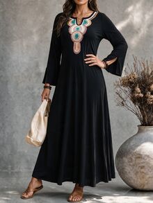 Ceyna Plus Size Women's French Casual Boho Elegant Printed Round Neck Long Sleeve Dress Fall Vacation Evening Brunch Black - Black - View 7