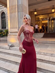 Silquee Women's Summer Burgundy Sleeveless Slim-Fit Elegant Sexy Dress Featuring Lace-Paneled Bustier/Corset-Style Bodice Suitable For Dinner Cocktail Party - Burgundy - View 3