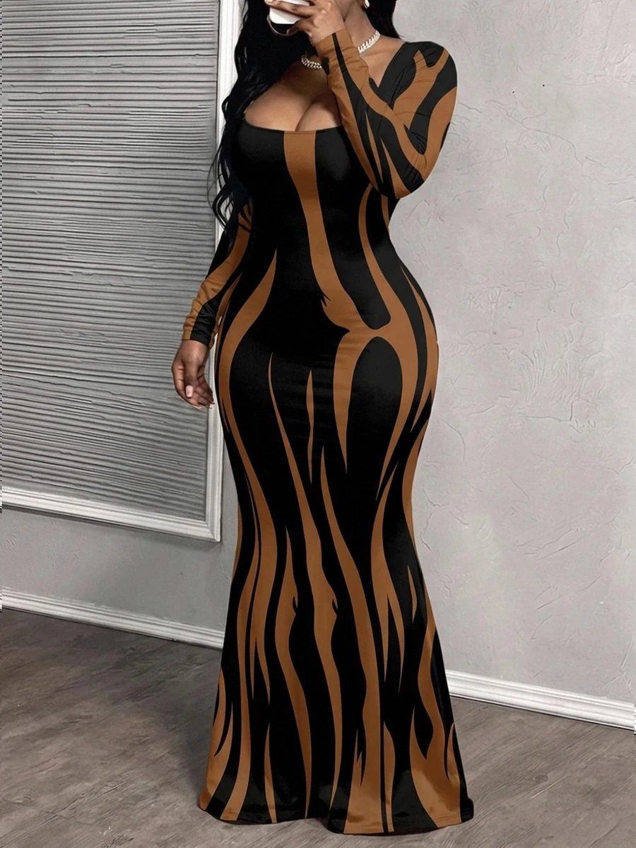 Slaydiva Plus Size Fashion Striped Color Block Mermaid Dress - Multicolor - View 1