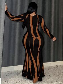 Slaydiva Plus Size Fashion Striped Color Block Mermaid Dress - Multicolor - View 2