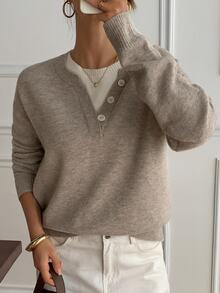 Livesso Petite Women's Solid Color Casual Versatile Daily Long Sleeve Sweater Fall Winter - Khaki - View 5