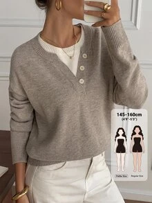 Livesso Petite Women's Solid Color Casual Versatile Daily Long Sleeve Sweater Fall Winter - Khaki - View 1