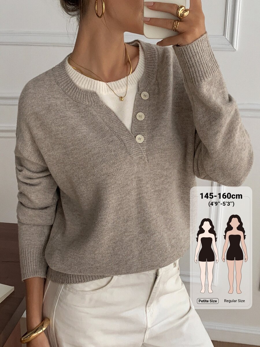 Livesso Petite Women's Solid Color Casual Versatile Daily Long Sleeve Sweater Fall Winter - Khaki - View 1