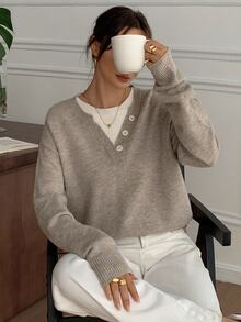 Livesso Petite Women's Solid Color Casual Versatile Daily Long Sleeve Sweater Fall Winter - Khaki - View 6