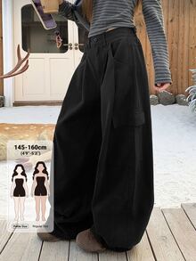 DAZY Quần jean denim nữ thường ngày phong cách casual có túi và cúc cài mùa thu - màu đen - Xem 1