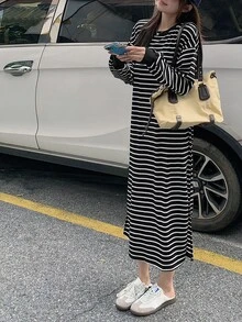 DAZY Women's Striped Round Neck Dropped Shoulder Long Sleeve Casual Midi Dress - Black - View 6