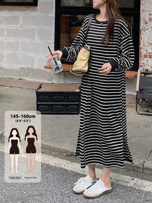 DAZY Women's Striped Round Neck Dropped Shoulder Long Sleeve Casual Midi Dress - Black - View 1