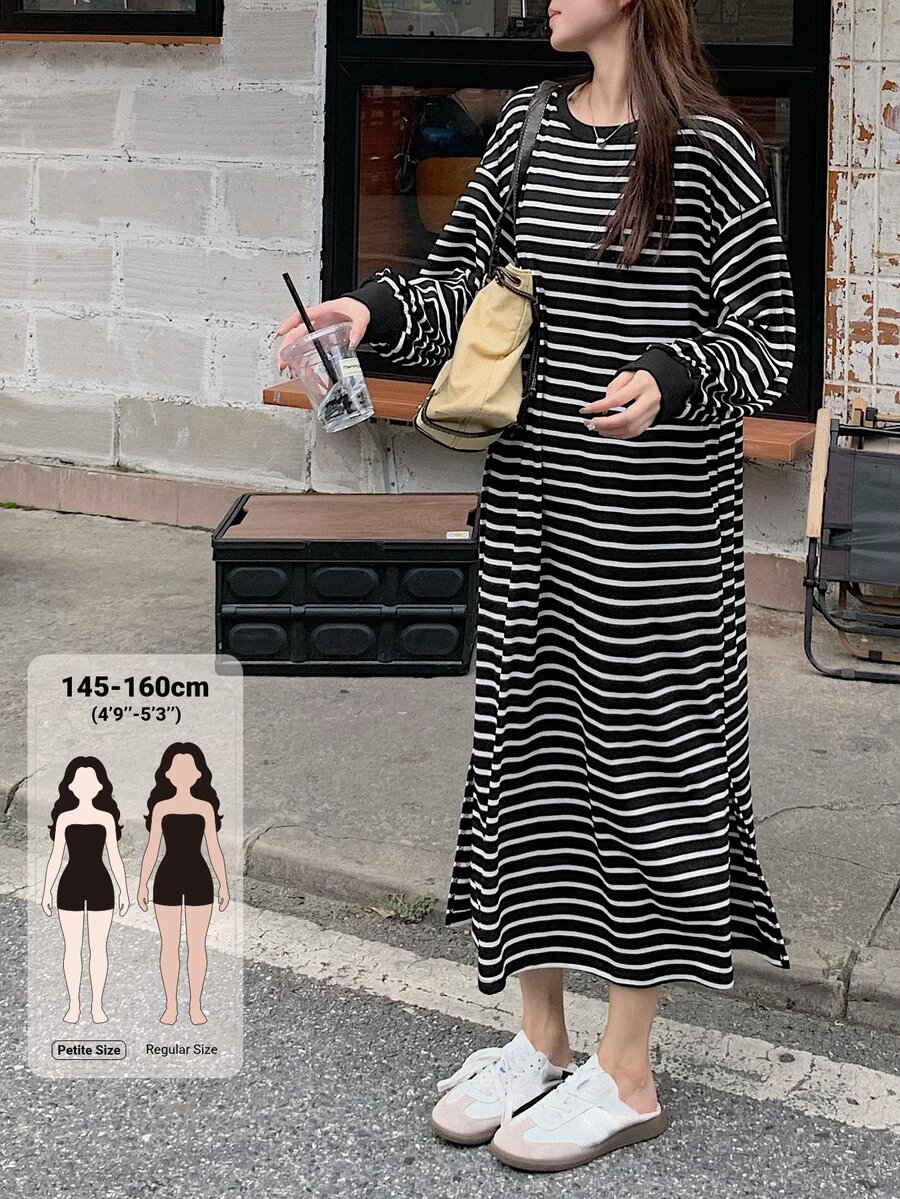 DAZY Women's Striped Round Neck Dropped Shoulder Long Sleeve Casual Midi Dress - Black - View 1