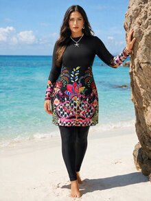 SHEIN Swim Plus Size Women Floral Print Patchwork Long Sleeve Top And Pants Casual Burkini Set - Multicolor - View 3