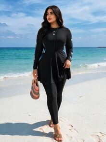 SHEIN Swim Plus Size Tropical Printed Splice Burkini Set For Vacation And Beach,Summer BeachArabic Clothing - Blue - View 1