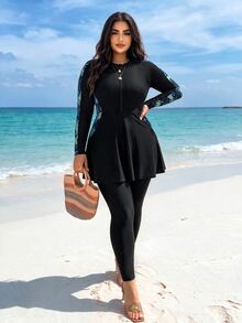 SHEIN Swim Plus Size Tropical Printed Splice Burkini Set For Vacation And Beach,Summer BeachArabic Clothing - Blue - View 2