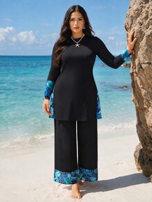 SHEIN Swim 大尺碼女款拼色長袖上衣褲兩件式布基尼泳衣套裝，黑色熱帶風優雅保守套裝，適合夏季度假派對 - 黑色 - 查看 1