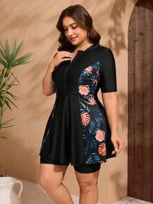 SHEIN Swim 大码女式 2 件式比基尼套装 - 植物印花拉链上衣搭配纯色高腰短裤，简约日常穿着，夏季海滩度假 - 彩色 - 查看 2